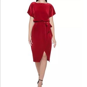Kensie Stretch-Velvet Boatneck Tie-Waist Sheath Dress Red XS